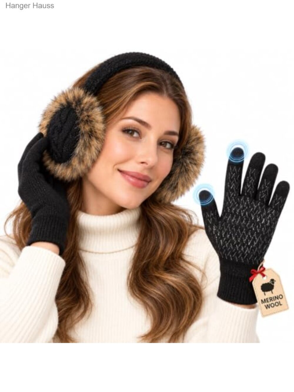 Cable Knit Adjustable Earmuffs & Merino Wool Blend Gloves Winter Set